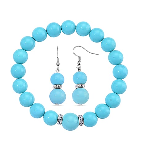 2 Piece Set - Sleeping Beauty Colour Shell Pearl & Austrian White Crystal Earring with Hook & Strechable Bracelet (Size - 7.5) 169.00 Ct.