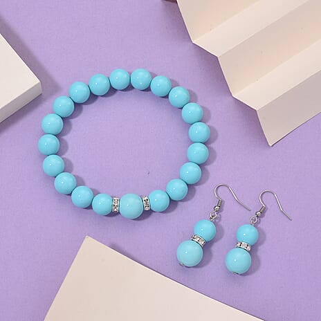 2 Piece Set - Sleeping Beauty Colour Shell Pearl & Austrian White Crystal Earring with Hook & Strechable Bracelet (Size - 7.5) 169.00 Ct.