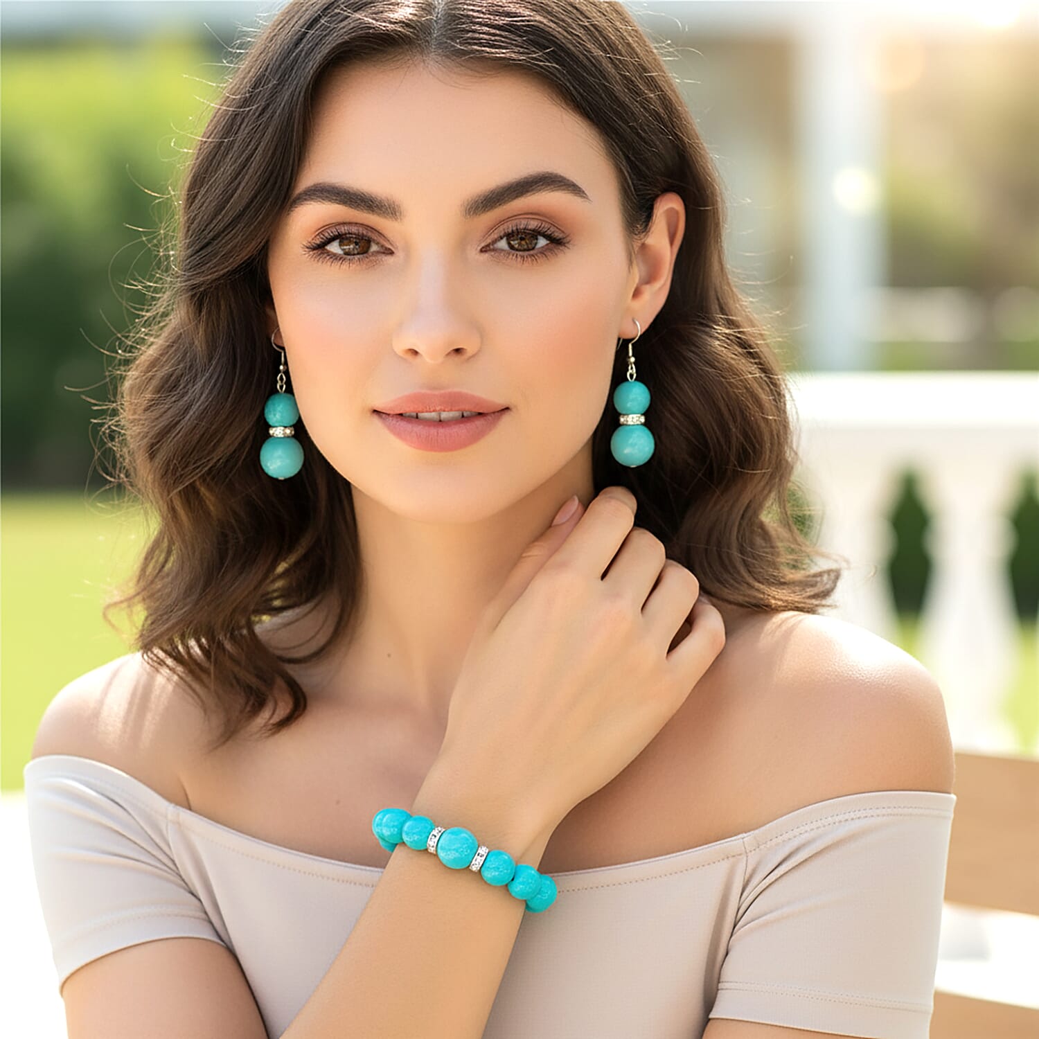 2 Piece Set - Sleeping Beauty Colour Shell Pearl & Austrian White Crystal Earring with Hook & Strechable Bracelet (Size - 7.5) 169.00 Ct.