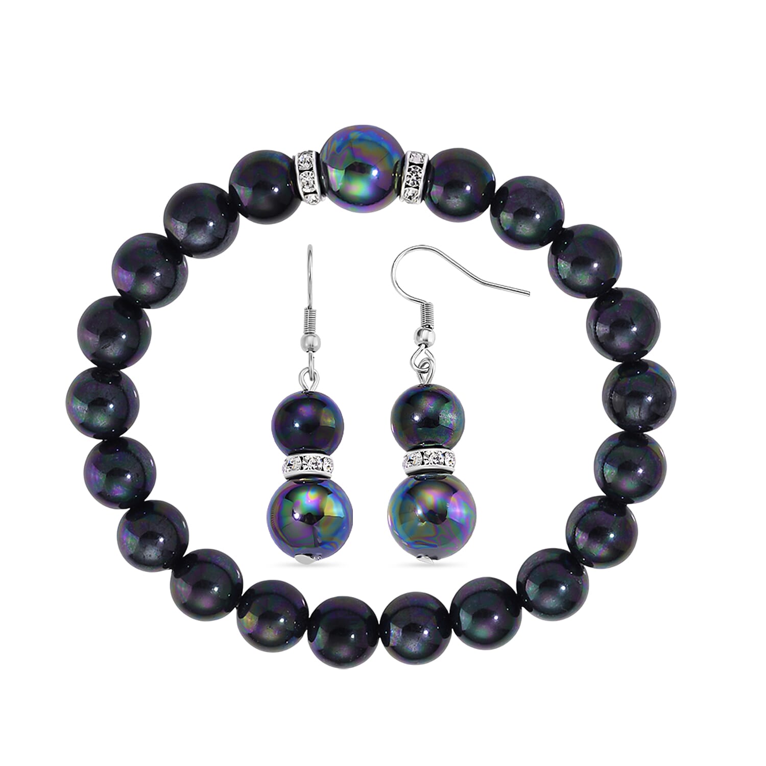 2 Piece Set - Peacock Shell Pearl & Austrian White Crystal Earring with Hook & Strechable Bracelet (Size - 7.5) 169.00 Ct.