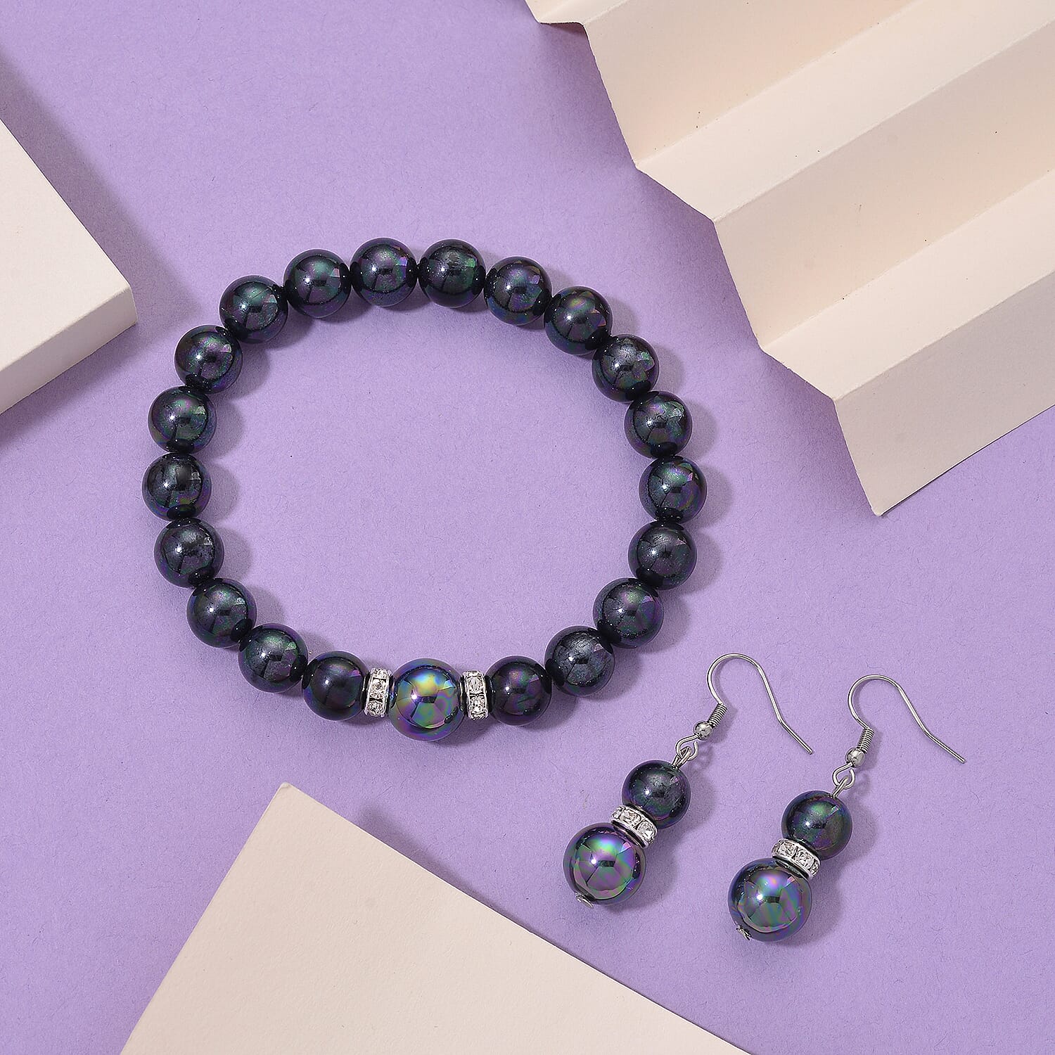 2 Piece Set - Peacock Shell Pearl & Austrian White Crystal Earring with Hook & Strechable Bracelet (Size - 7.5) 169.00 Ct.