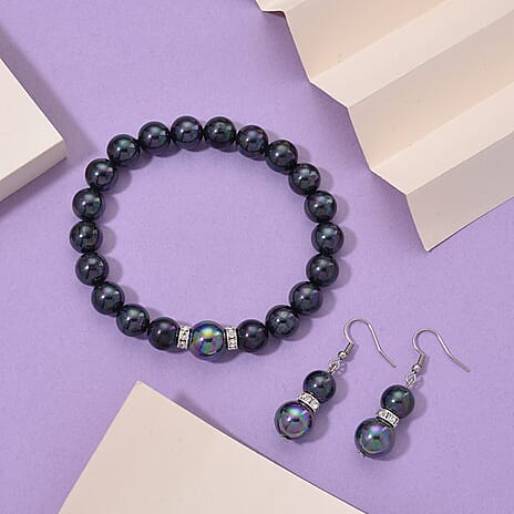 2 Piece Set - Peacock Shell Pearl & Austrian White Crystal Earring with Hook & Strechable Bracelet (Size - 7.5) 169.00 Ct.