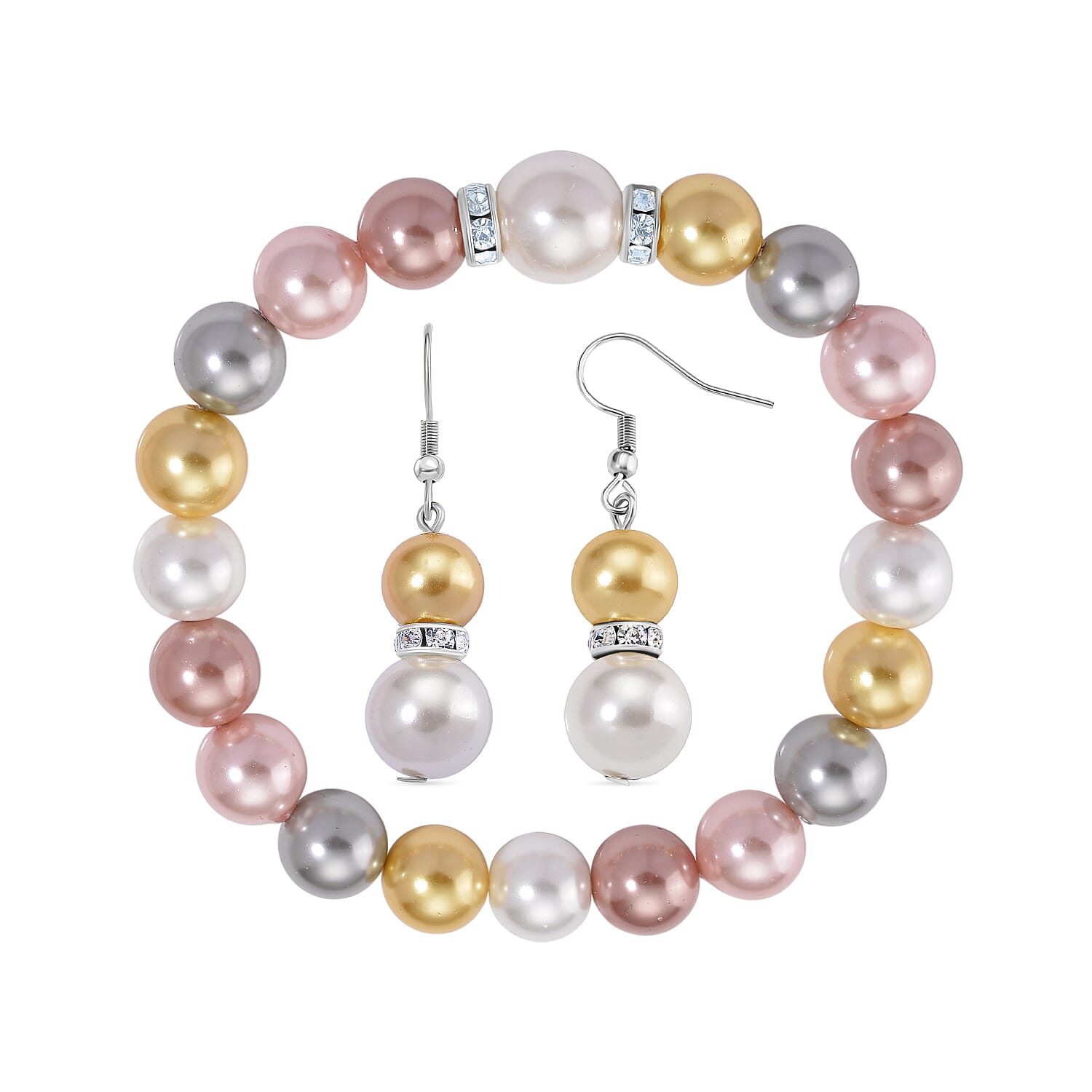 2 Piece Set - Multi Colour Shell Pearl & Austrian White Crystal Earring with Hook & Strechable Bracelet (Size - 7.5) 169.00 Ct.