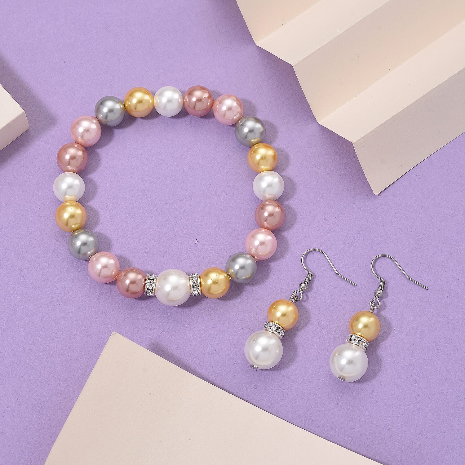 2 Piece Set - Multi Colour Shell Pearl & Austrian White Crystal Earring with Hook & Strechable Bracelet (Size - 7.5) 169.00 Ct.
