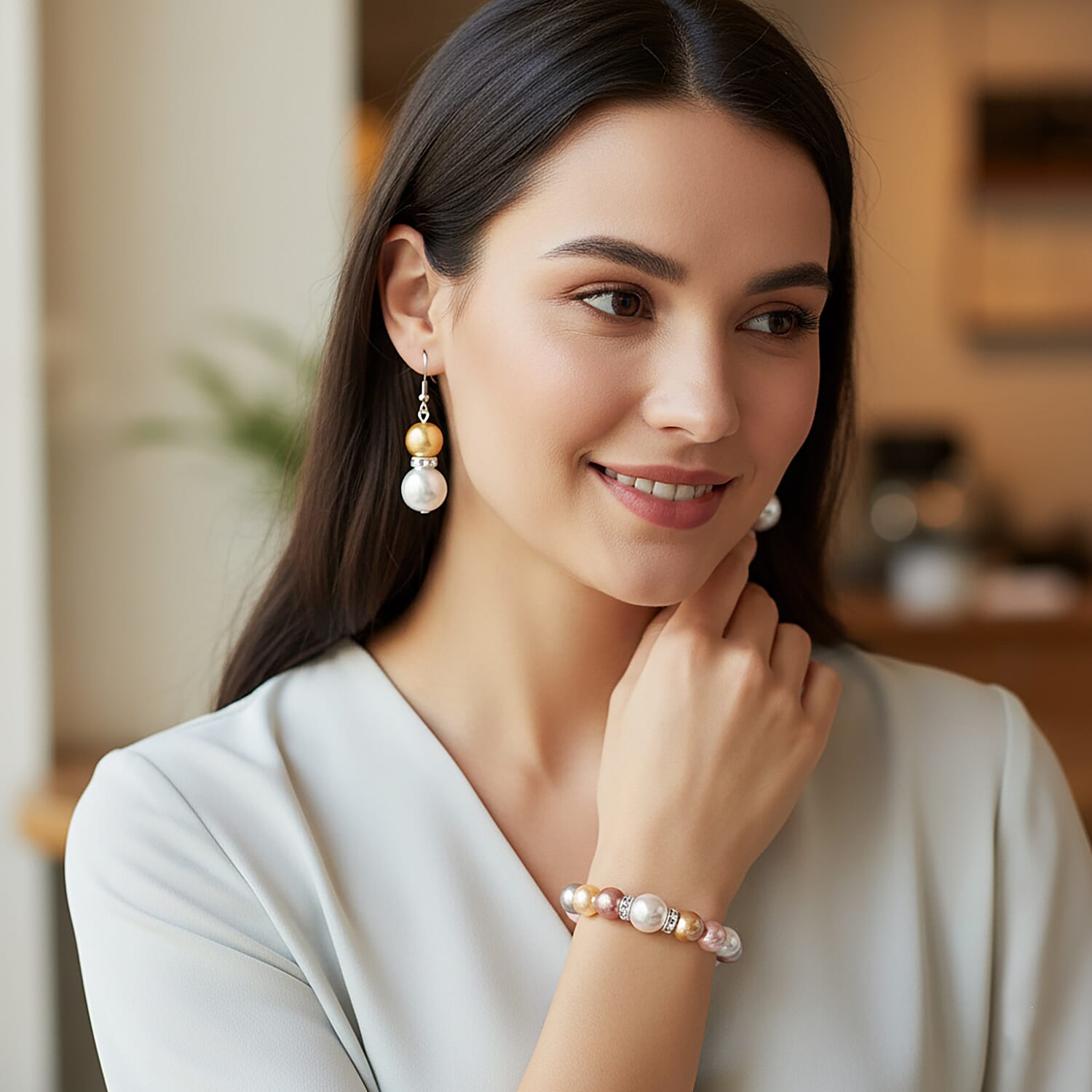 2 Piece Set - Multi Colour Shell Pearl & Austrian White Crystal Earring with Hook & Strechable Bracelet (Size - 7.5) 169.00 Ct.