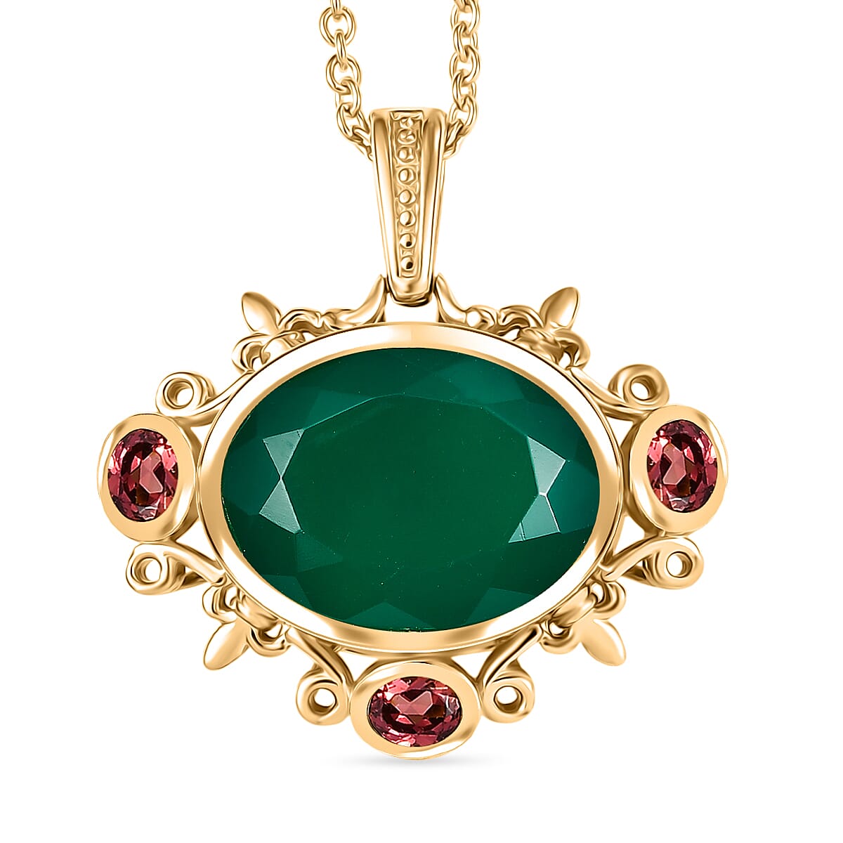 Verde Onyx & Orissa Rose Garnet Pendant with Chain (Size 20) in Yellow Gold Plating 8.40 Ct.