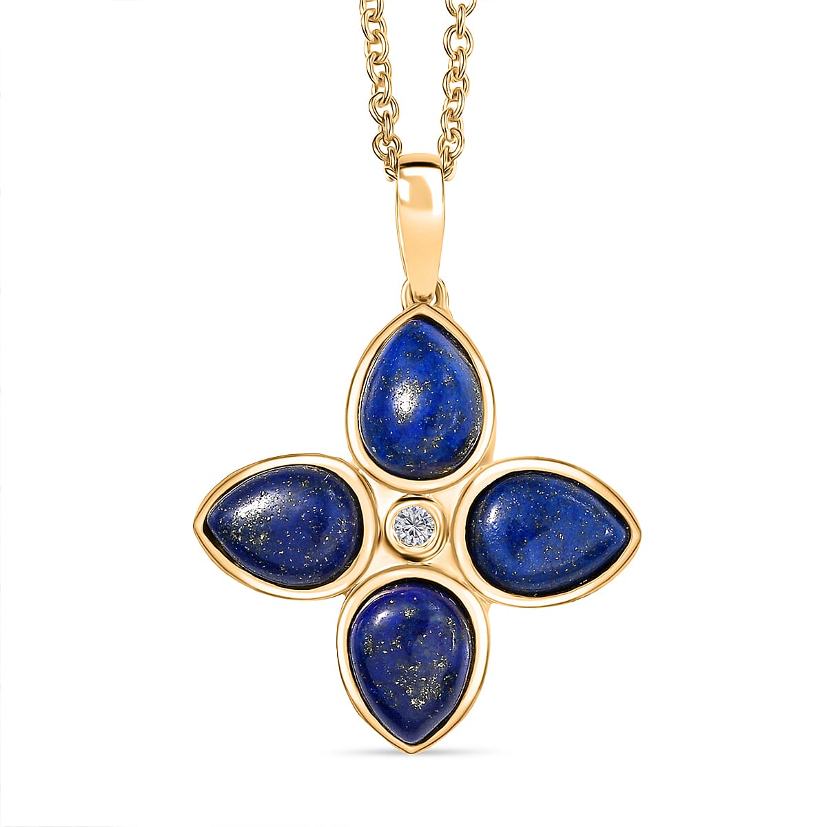 Lapis Lazuli & White Zircon Pendant with Chain (Size 20) in Yellow Gold Plating 6.55 Ct.