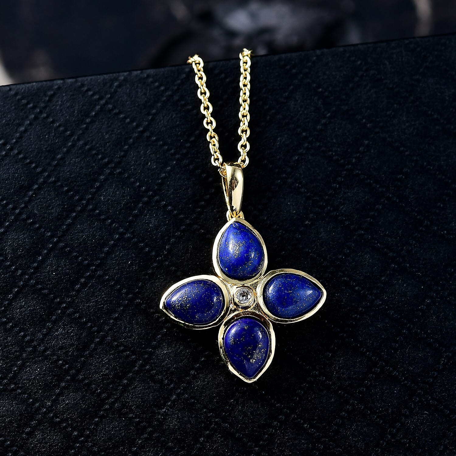Lapis Lazuli & White Zircon Pendant with Chain (Size 20) in Yellow Gold Plating 6.55 Ct.