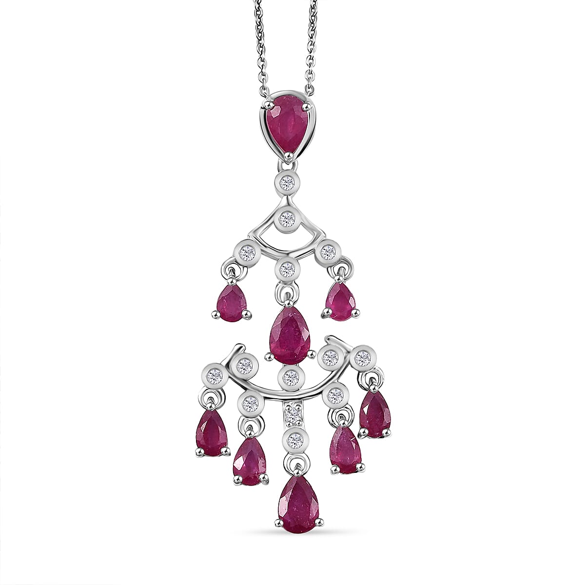 AAA African Ruby & White Zircon Pendant with Chain (Size 20) in Rhodium Overlay Sterling Silver 3.29 Ct, Silver Wt. 6.28 Gms.