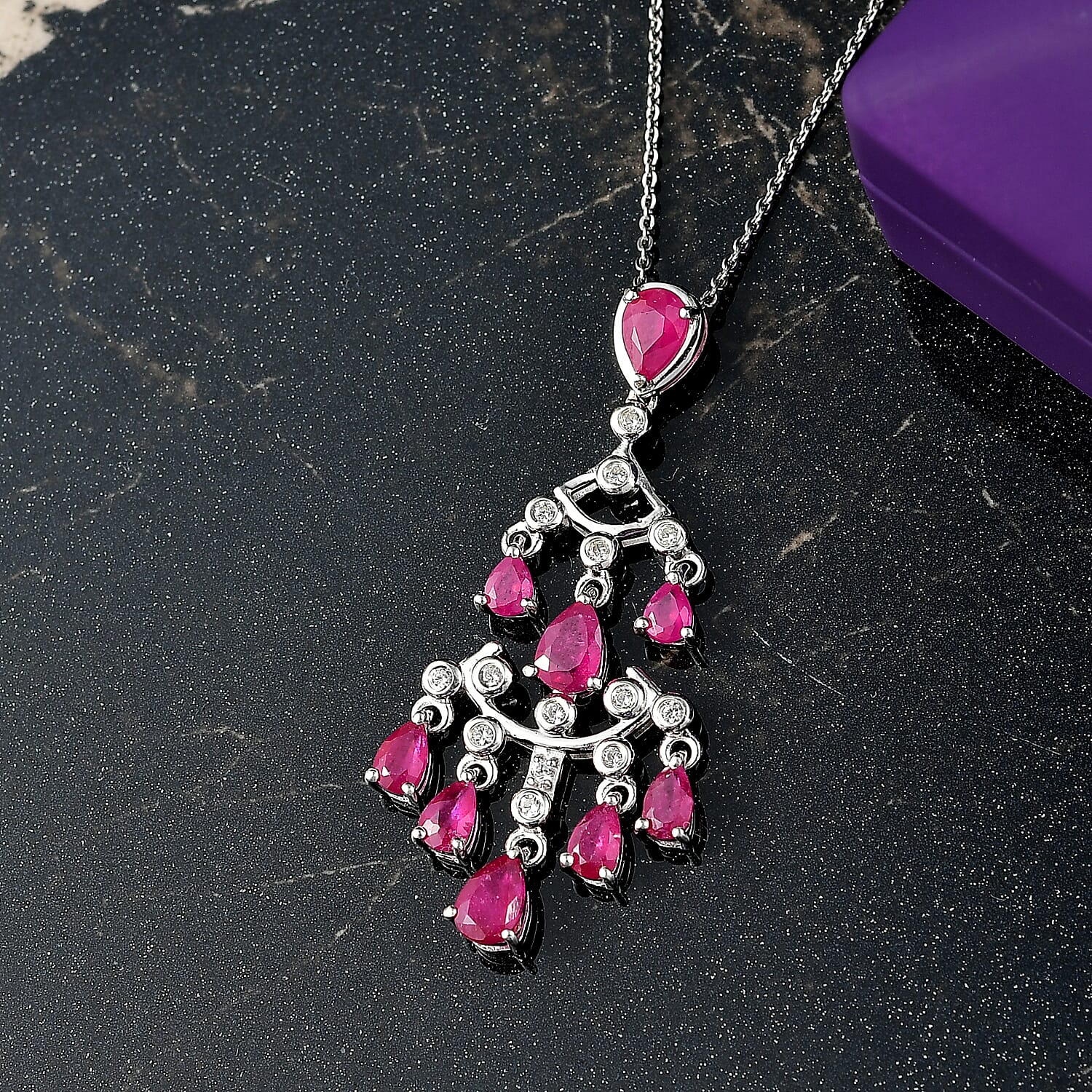 AAA African Ruby & White Zircon Pendant with Chain (Size 20) in Rhodium Overlay Sterling Silver 3.29 Ct, Silver Wt. 6.28 Gms.