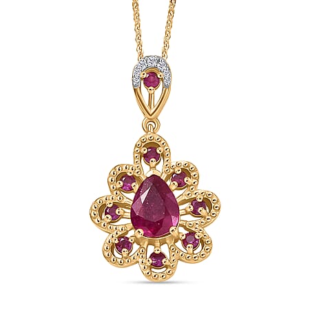 AAA African Ruby & White Zircon Pendant with Chain (Size 20) in 14K Yellow Gold Overlay Sterling Silver 2.29 Ct.
