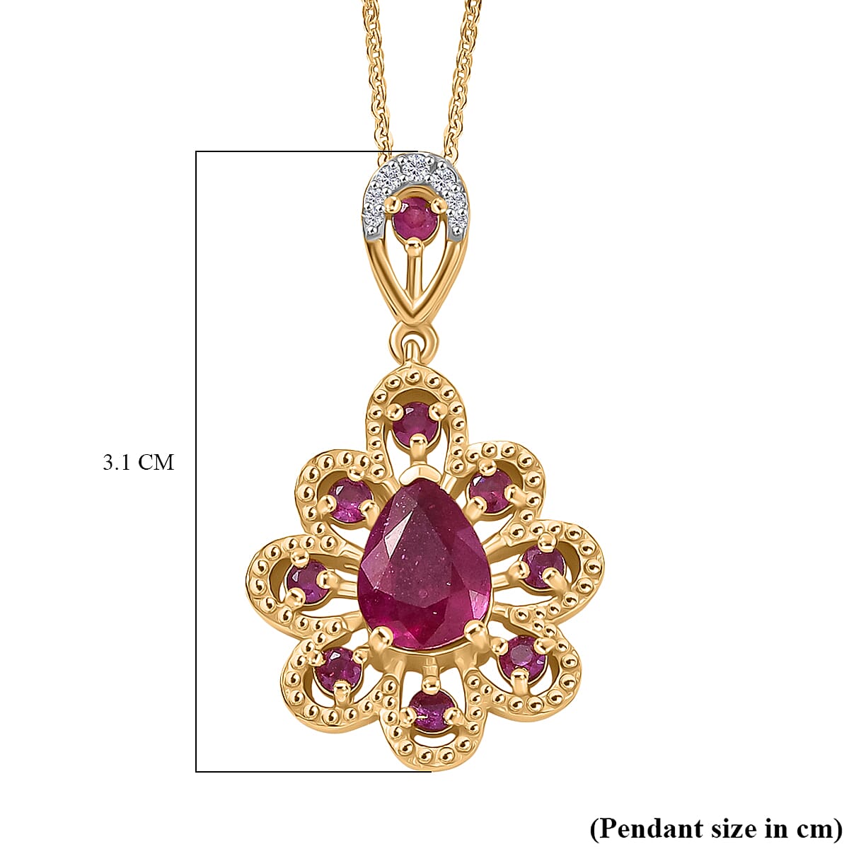 AAA African Ruby & White Zircon Pendant with Chain (Size 20) in 14K Yellow Gold Overlay Sterling Silver 2.29 Ct. AAA African Ruby & White Zircon Pendant with Chain (Size 20) in 14K Yellow Gold Overlay Sterling Silver 2.29 Ct.