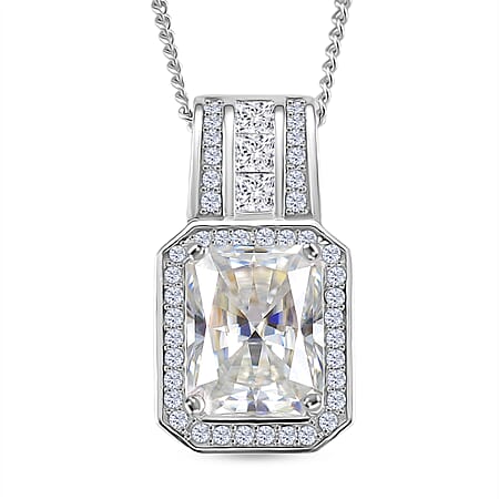 D'Joy RADIANTA GRA Certified 3.30 Ct. Moissanite Halo Pendant with Chain (Size 18) in Rhodium Overlay Sterling Silver (D-VVS1) D'Joy RADIANTA GRA Certified 3.30 Ct. Moissanite Halo Pendant with Chain (Size 18) in Rhodium Overlay Sterling Silver (D-VVS1)