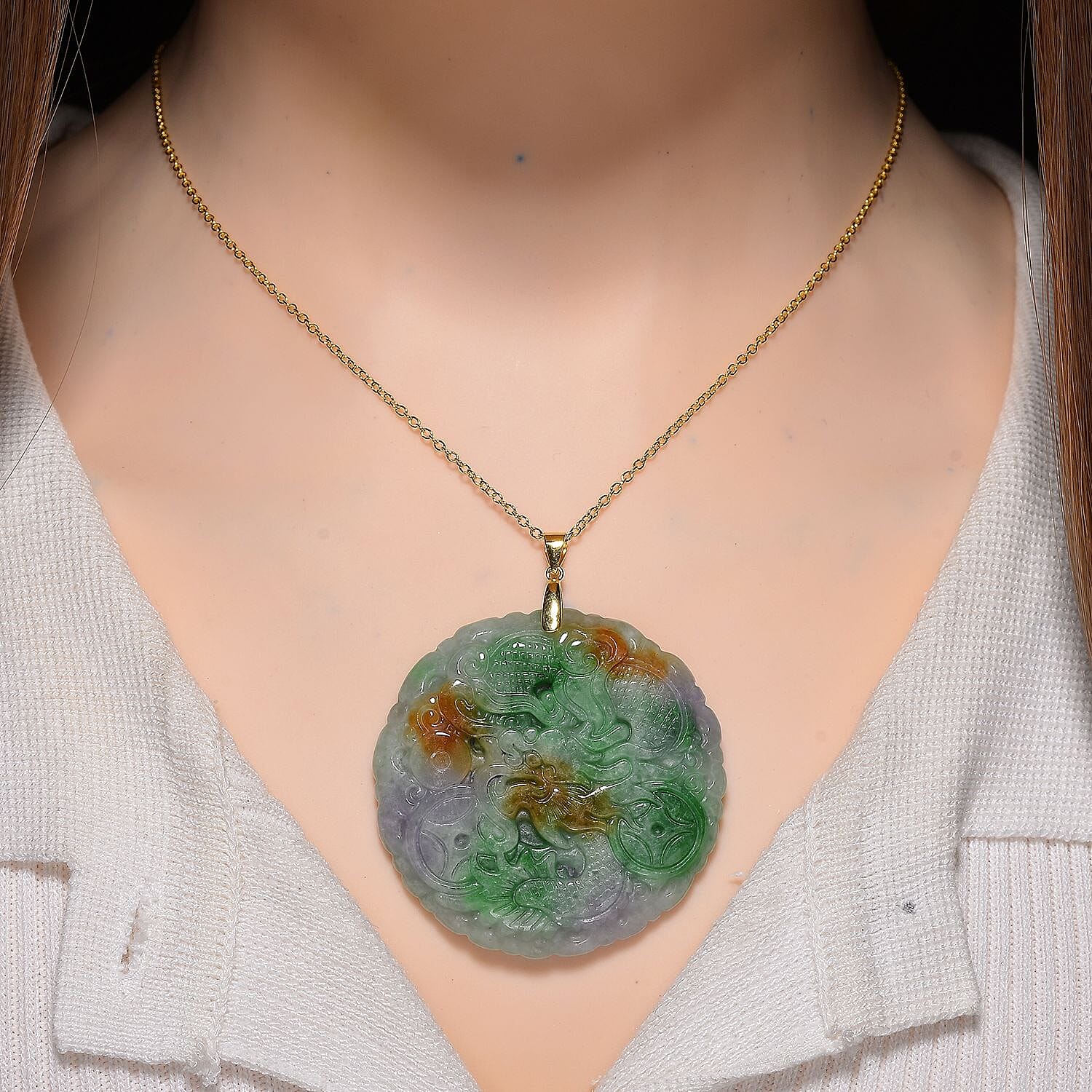 Multi Colour Jade Pendant with Chain (Size 20) in Yellow Gold Plating Sterling Silver 112.00 Ct.