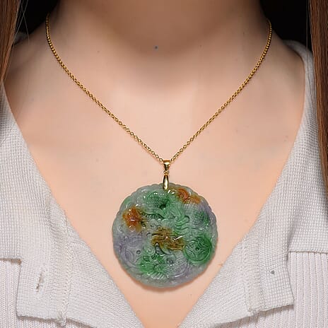 Multi Colour Jade Pendant with Chain (Size 20) in Yellow Gold Plating Sterling Silver 112.00 Ct.