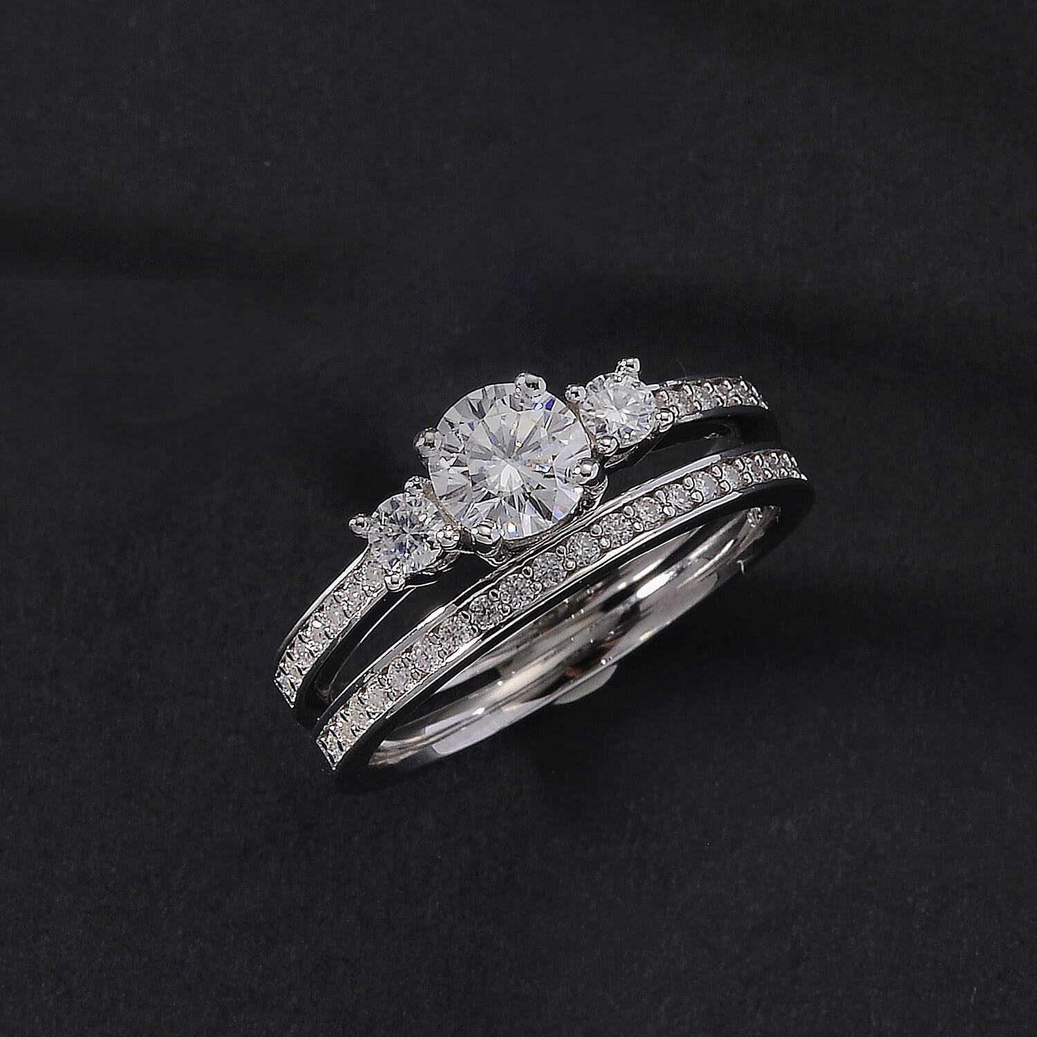 Djoy Set of 2 - RADIANTA Moissanite - GRA Certified D-VVS1 Moissanite Ring in Rhodium Overlay Sterling Silver 1.35 Ct.