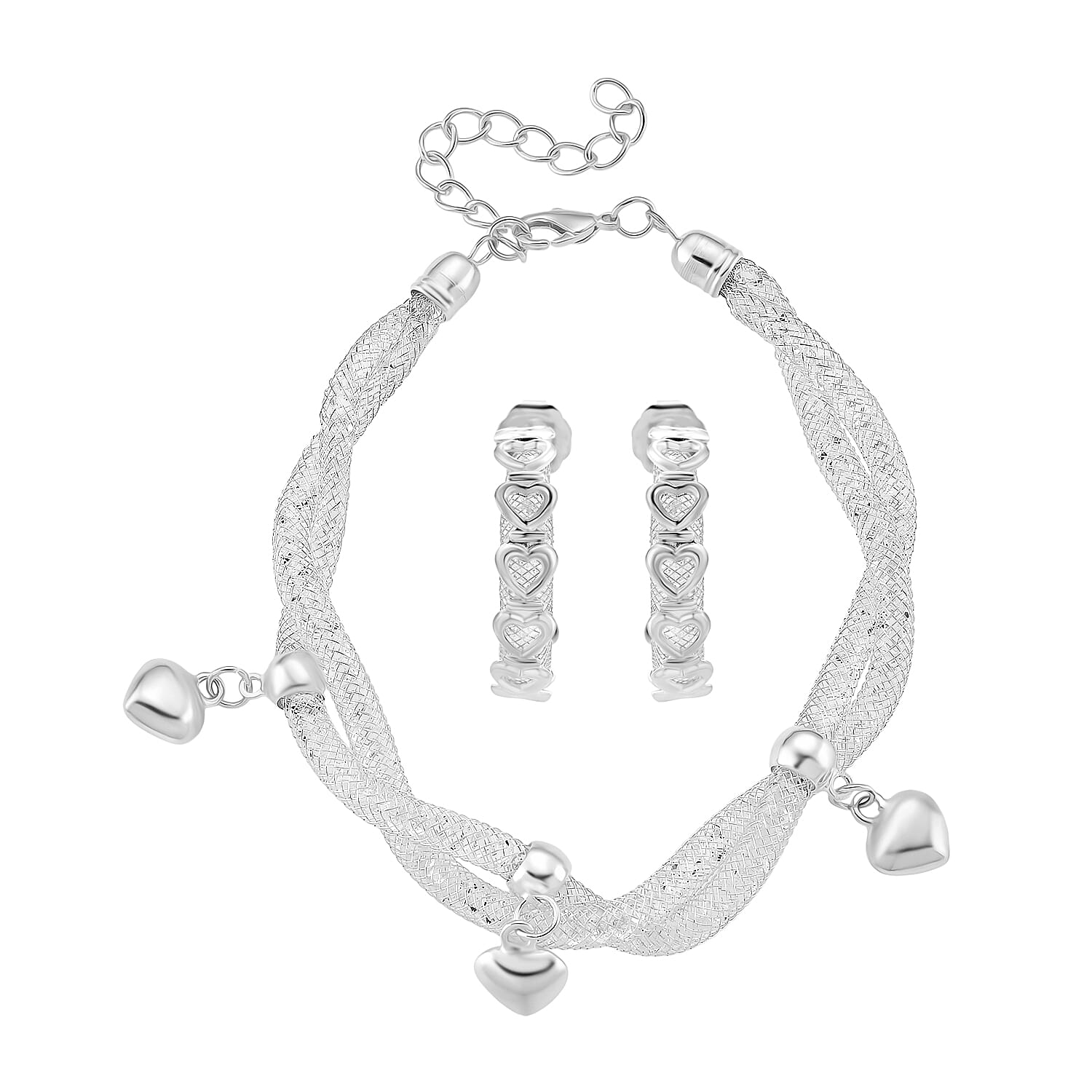 2 Piece Set - Austrian White Crystal Bracelet (Size 8.5 - 2 Ext) & Earring with Push Back in White Gold Plated