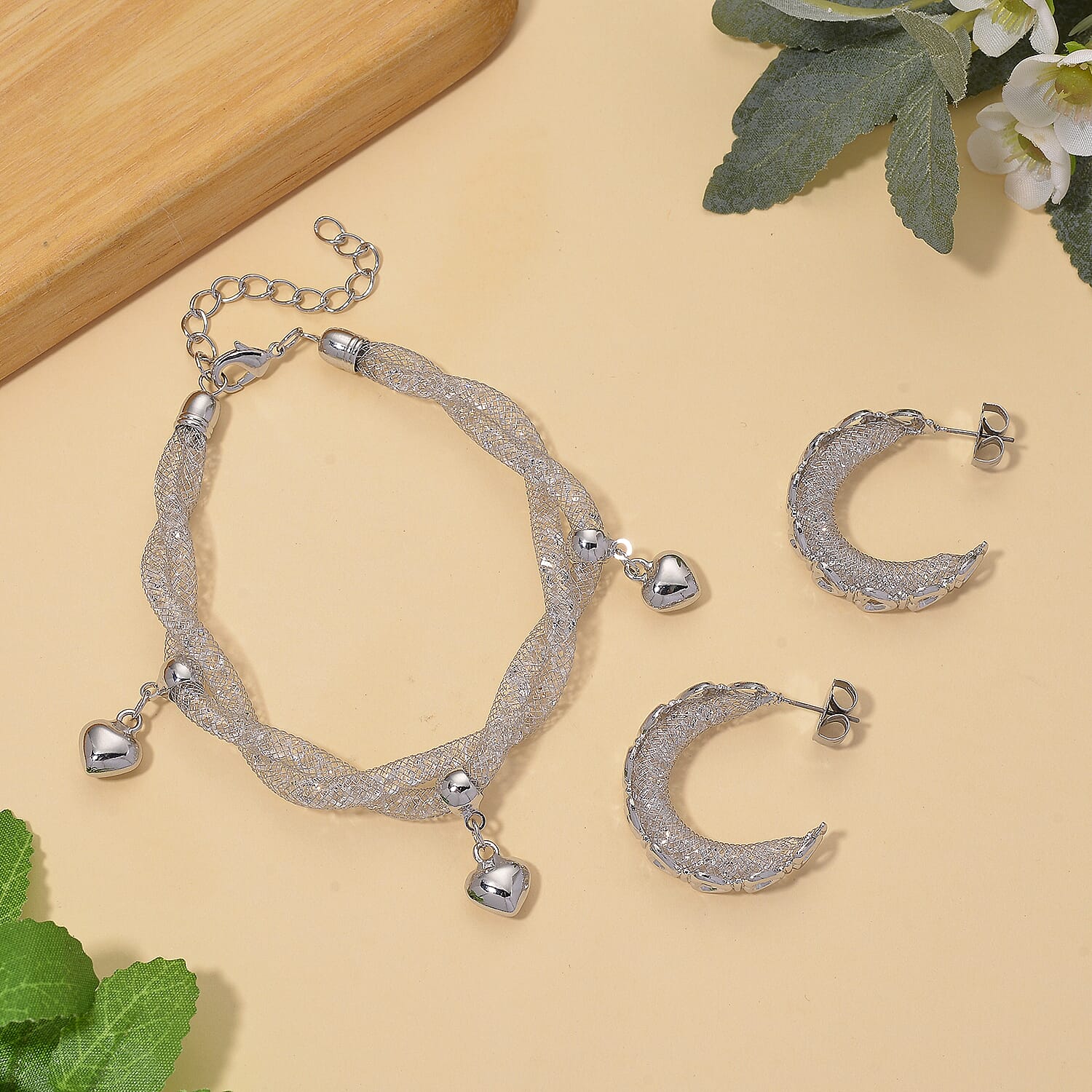 2 Piece Set - Austrian White Crystal Bracelet (Size 8.5 - 2 Ext) & Earring with Push Back in White Gold Plated