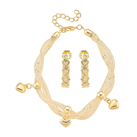 2 Piece Set - Austrian White Crystal Bracelet (Size 8.5 - 2 Ext) & Earring with Push Back in Yellow Gold Plated