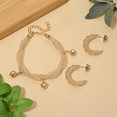 2 Piece Set - Austrian White Crystal Bracelet (Size 8.5 - 2 Ext) & Earring with Push Back in Yellow Gold Plated