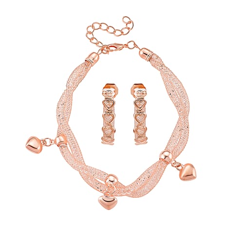 2 Piece Set - Austrian White Crystal Bracelet (Size 8.5 - 2 Ext) & Earring with Push Back in Rose Gold Plated