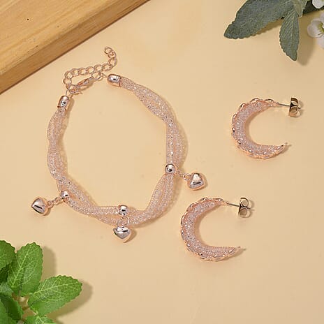 2 Piece Set - Austrian White Crystal Bracelet (Size 8.5 - 2 Ext) & Earring with Push Back in Rose Gold Plated