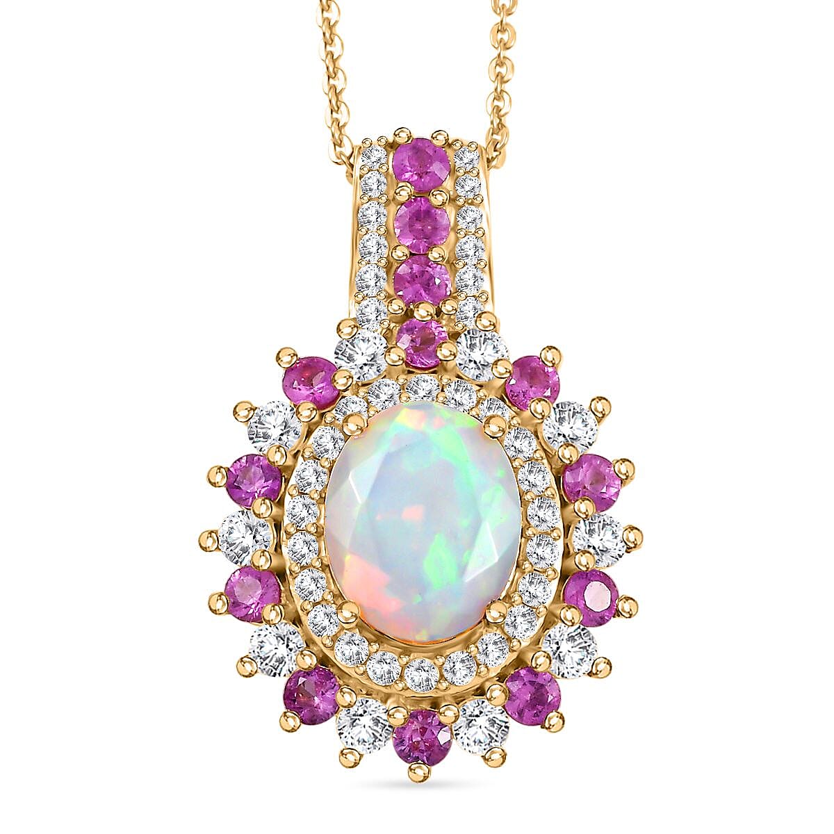 Ethiopian Opal, White Zircon & Pink Sapphire Cherry Blossom Pendant with Chain (Size 20) in 18K Vermeil Yellow Gold Plating Sterling Silver 3.54 Ct, Silver Wt. 5.87 Gms.