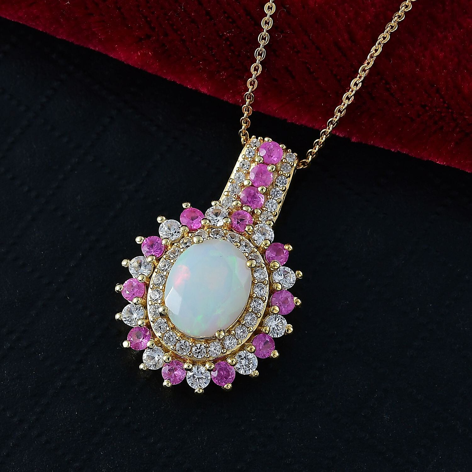 Ethiopian Opal, White Zircon & Pink Sapphire Cherry Blossom Pendant with Chain (Size 20) in 18K Vermeil Yellow Gold Plating Sterling Silver 3.54 Ct, Silver Wt. 5.87 Gms.
