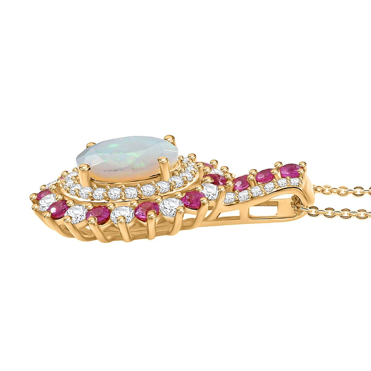 Ethiopian Opal, White Zircon & Pink Sapphire Cherry Blossom Pendant with Chain (Size 20) in 18K Vermeil Yellow Gold Plating Sterling Silver 3.54 Ct, Silver Wt. 5.87 Gms.
