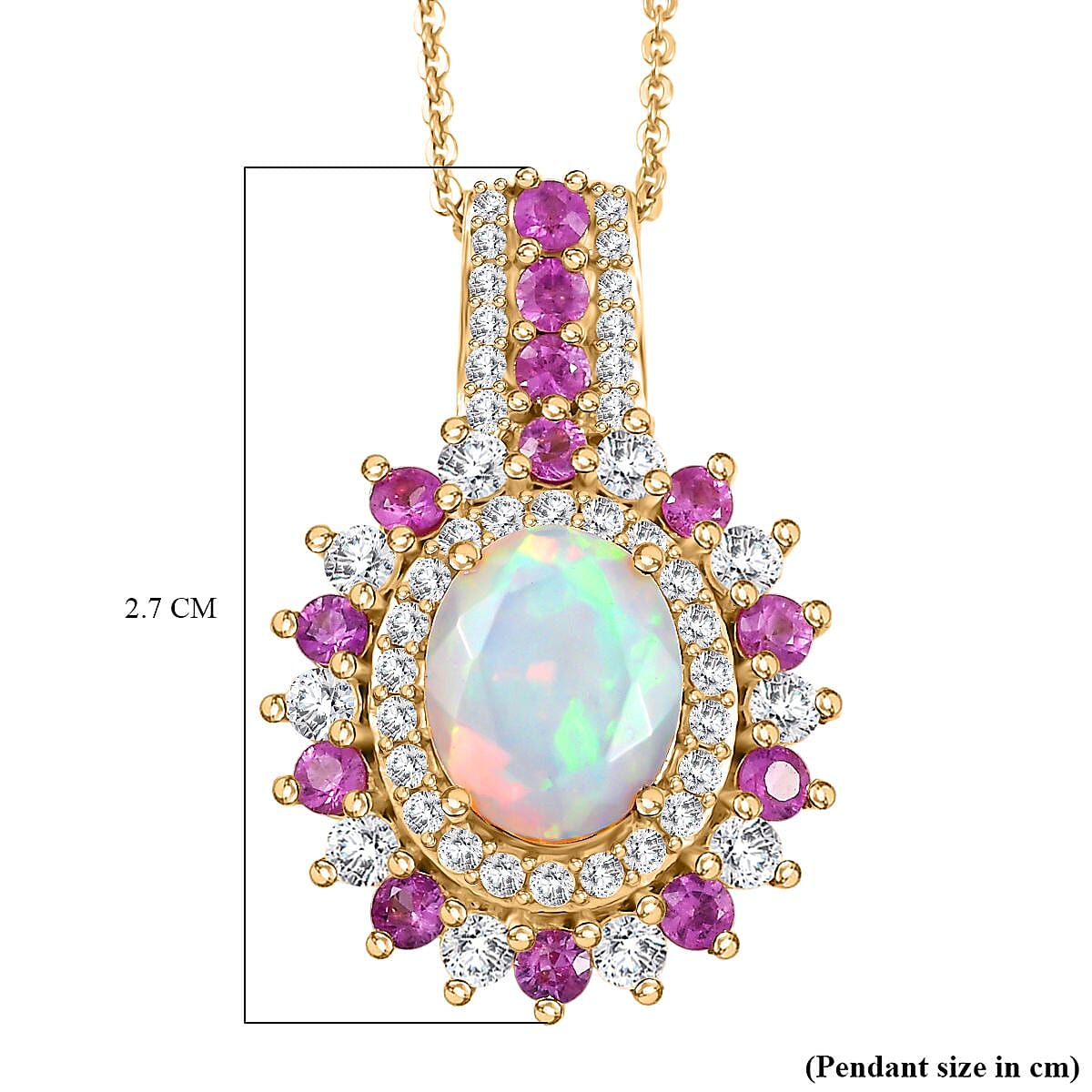 Ethiopian Opal, White Zircon & Pink Sapphire Cherry Blossom Pendant with Chain (Size 20) in 18K Vermeil Yellow Gold Plating Sterling Silver 3.54 Ct, Silver Wt. 5.87 Gms.