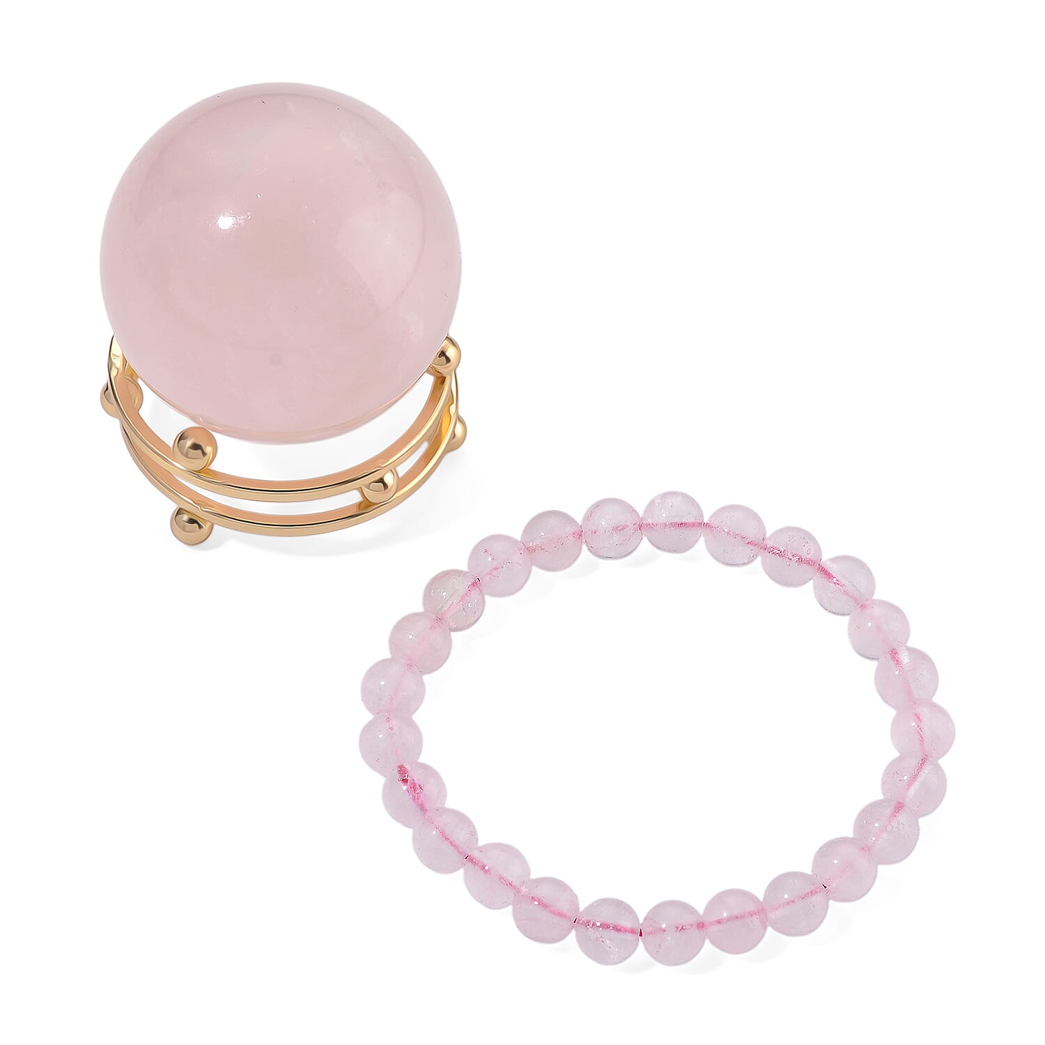 Natural Rose Quartz Set Of Sphere With Stand & Bracelet (Size 7.5 Strechable) 736.00 Ct.