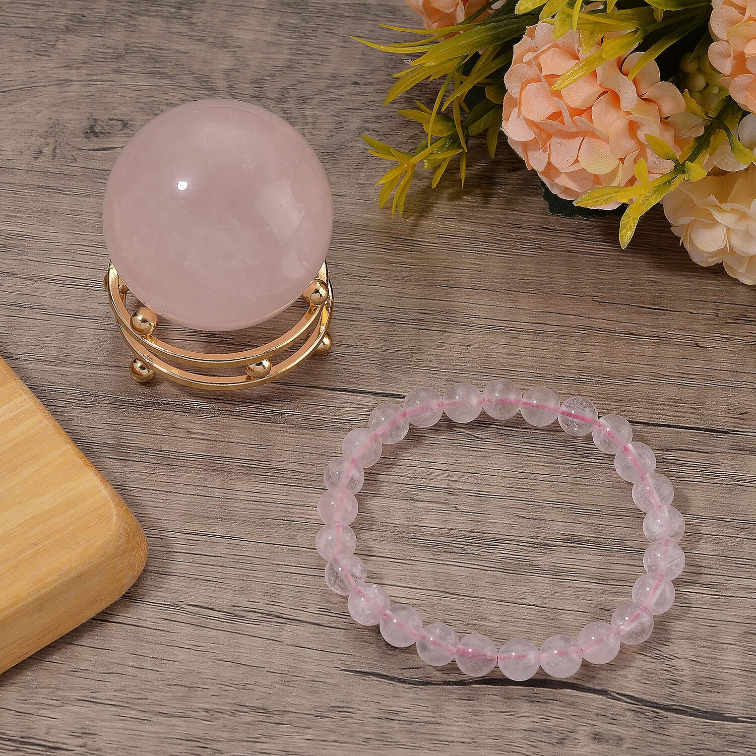 Natural Rose Quartz Set Of Sphere With Stand & Bracelet (Size 7.5 Strechable) 736.00 Ct.