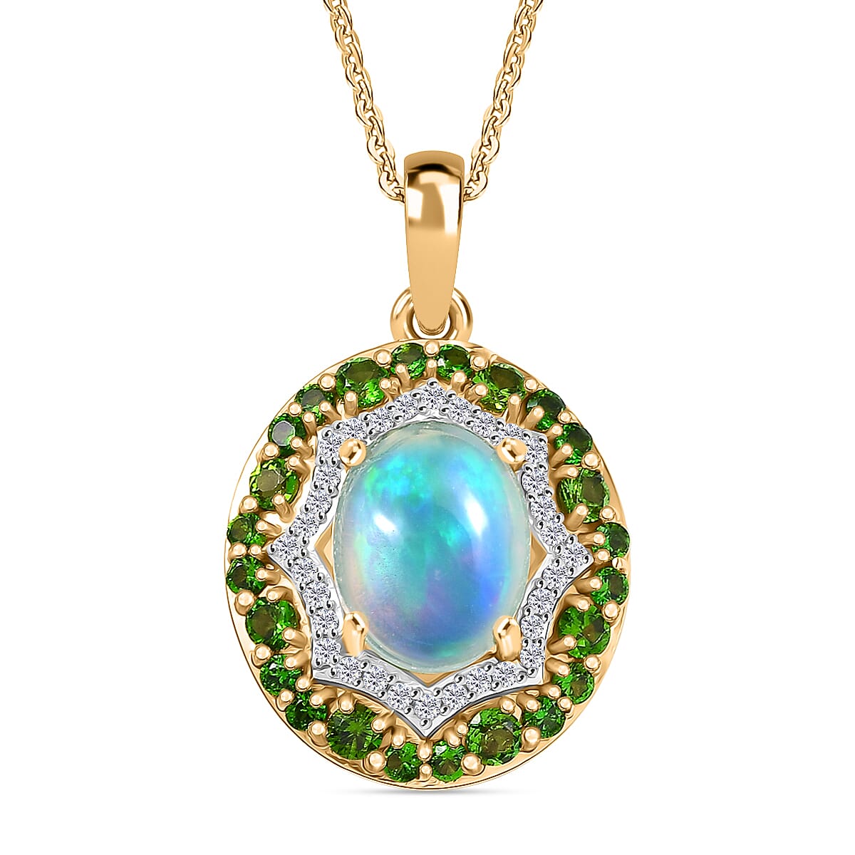 Ethiopian Opal, Natural Chrome Diopside & White Zircon Pendant with Chain (Size 20) in 14K Yellow Gold Plated Sterling Silver 2.01 Ct.
