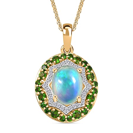 D'Joy Ethiopian Opal, Natural Chrome Diopside and White Zircon Double Halo Pendant with Chain (Size 20) in Yellow Gold Plated Sterling Silver 2.02 Ct.