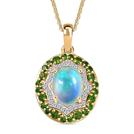 Ethiopian Opal, Natural Chrome Diopside & White Zircon Pendant with Chain (Size 20) in 14K Yellow Gold Plated Sterling Silver 2.01 Ct.