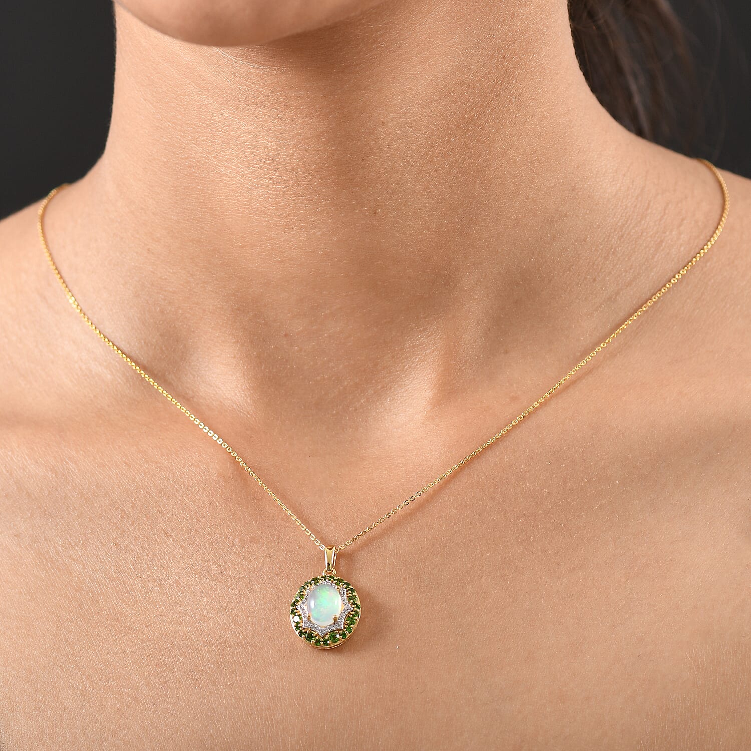 Ethiopian Opal, Natural Chrome Diopside & White Zircon Pendant with Chain (Size 20) in 14K Yellow Gold Plated Sterling Silver 2.01 Ct.