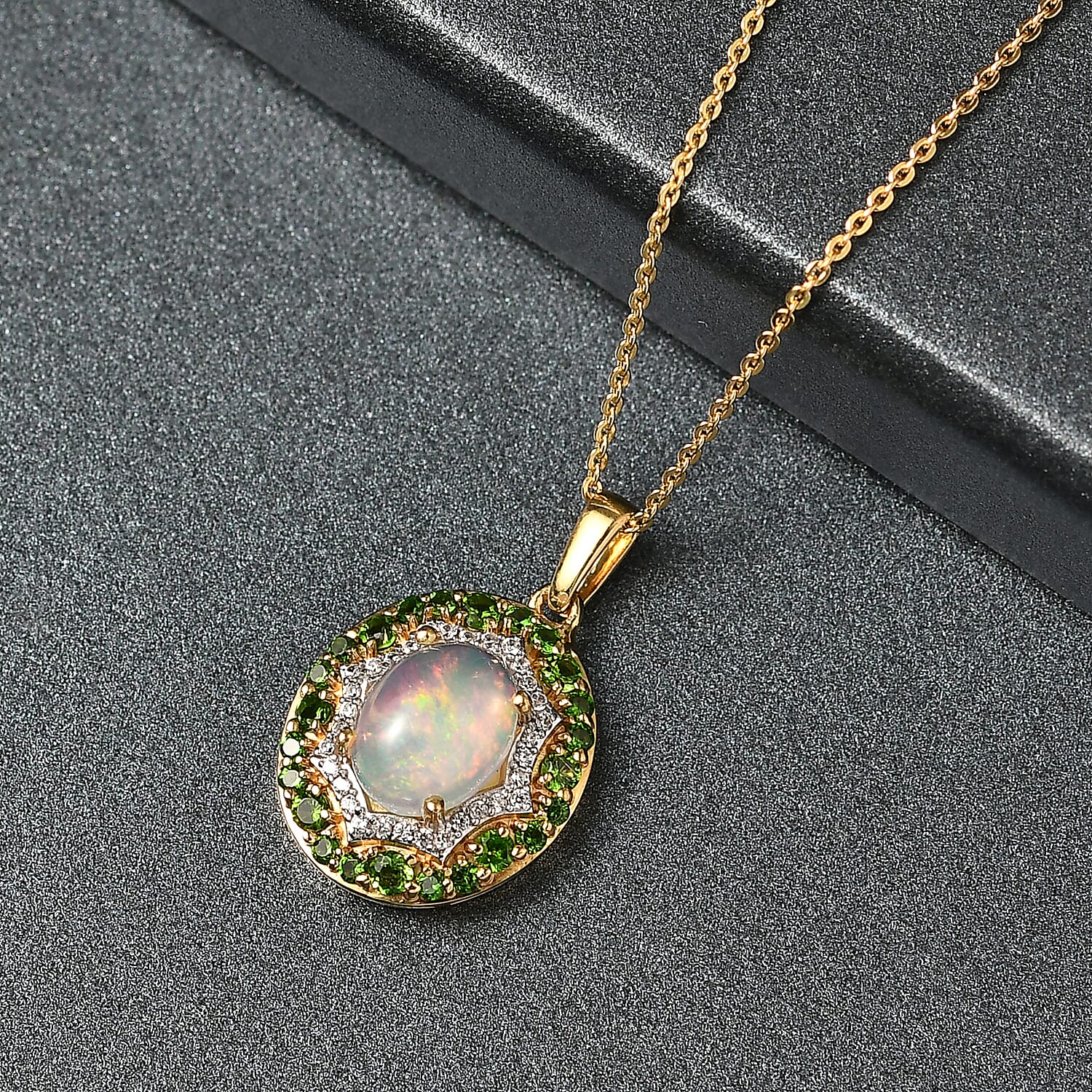 Ethiopian Opal, Natural Chrome Diopside & White Zircon Pendant with Chain (Size 20) in 14K Yellow Gold Plated Sterling Silver 2.01 Ct.