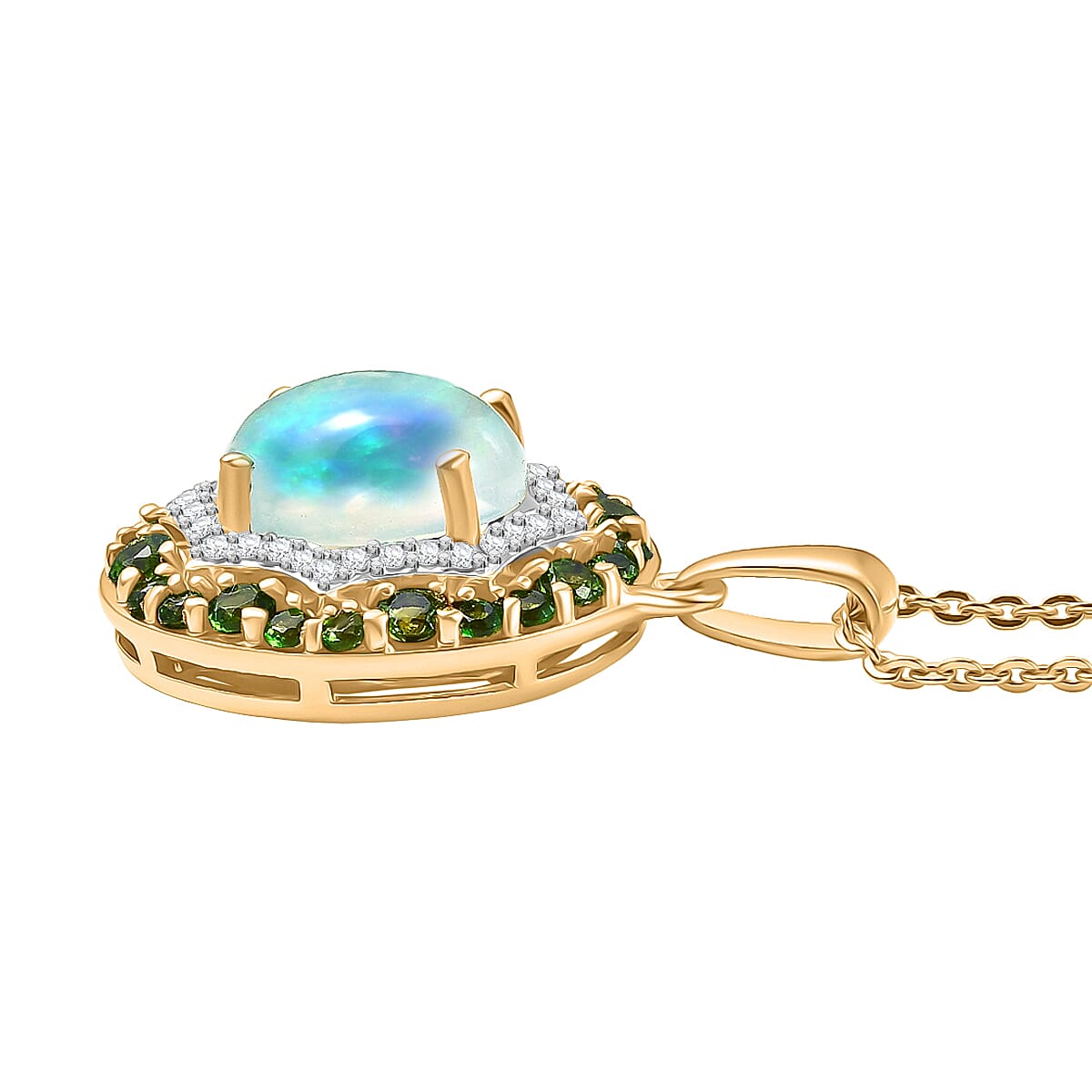 Ethiopian Opal, Natural Chrome Diopside & White Zircon Pendant with Chain (Size 20) in 14K Yellow Gold Plated Sterling Silver 2.01 Ct.