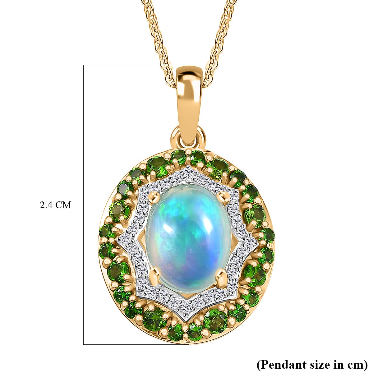 Ethiopian Opal, Natural Chrome Diopside & White Zircon Pendant with Chain (Size 20) in 14K Yellow Gold Plated Sterling Silver 2.01 Ct.