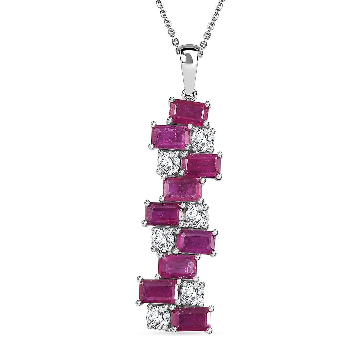 AAA African Ruby & White Zircon Pendant with Chain (Size 20) in Rhodium Overlay Sterling Silver 3.52 Ct.