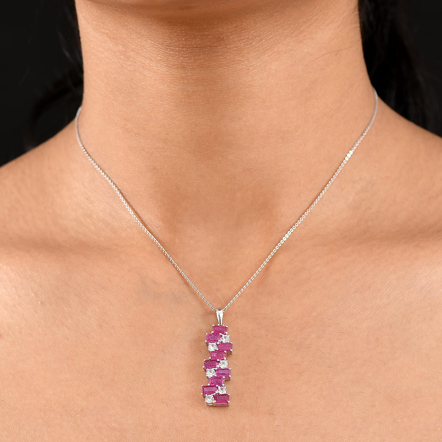 AAA African Ruby & White Zircon Pendant with Chain (Size 20) in Rhodium Overlay Sterling Silver 3.52 Ct.
