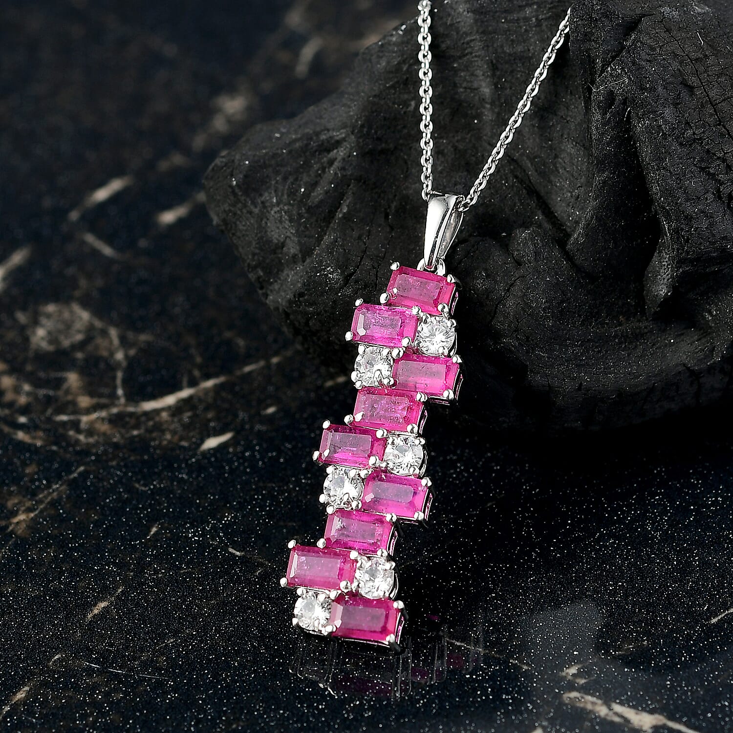 AAA African Ruby & White Zircon Pendant with Chain (Size 20) in Rhodium Overlay Sterling Silver 3.52 Ct.