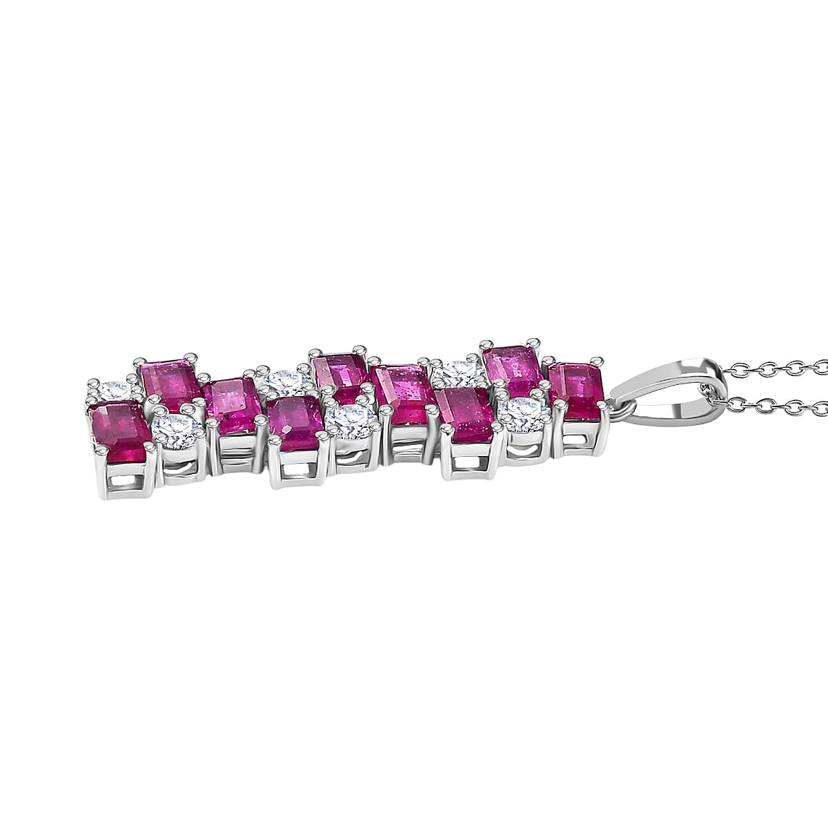 AAA African Ruby & White Zircon Pendant with Chain (Size 20) in Rhodium Overlay Sterling Silver 3.52 Ct.