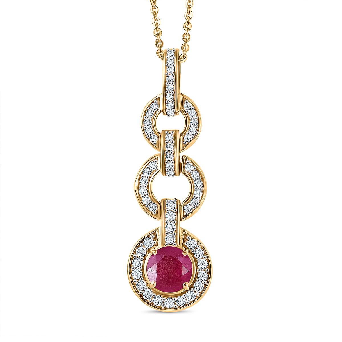 African Ruby & White Zircon Pendant with Chain (Size 20) in 18K Yellow Gold Plating Sterling Silver 2.31 Ct.