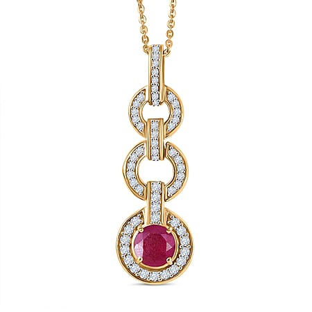 D'Joy African Ruby, White Zircon Art Deco-inspired Geometric Pendant with Chain (Size 20) in Yellow Gold Plated Sterling Silver 2.31 Ct.