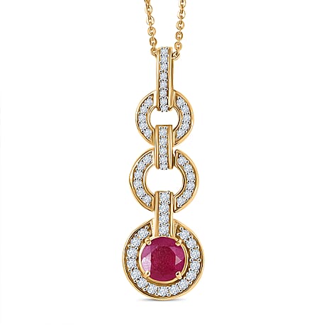 African Ruby & White Zircon Pendant with Chain (Size 20) in 18K Yellow Gold Plating Sterling Silver 2.31 Ct.