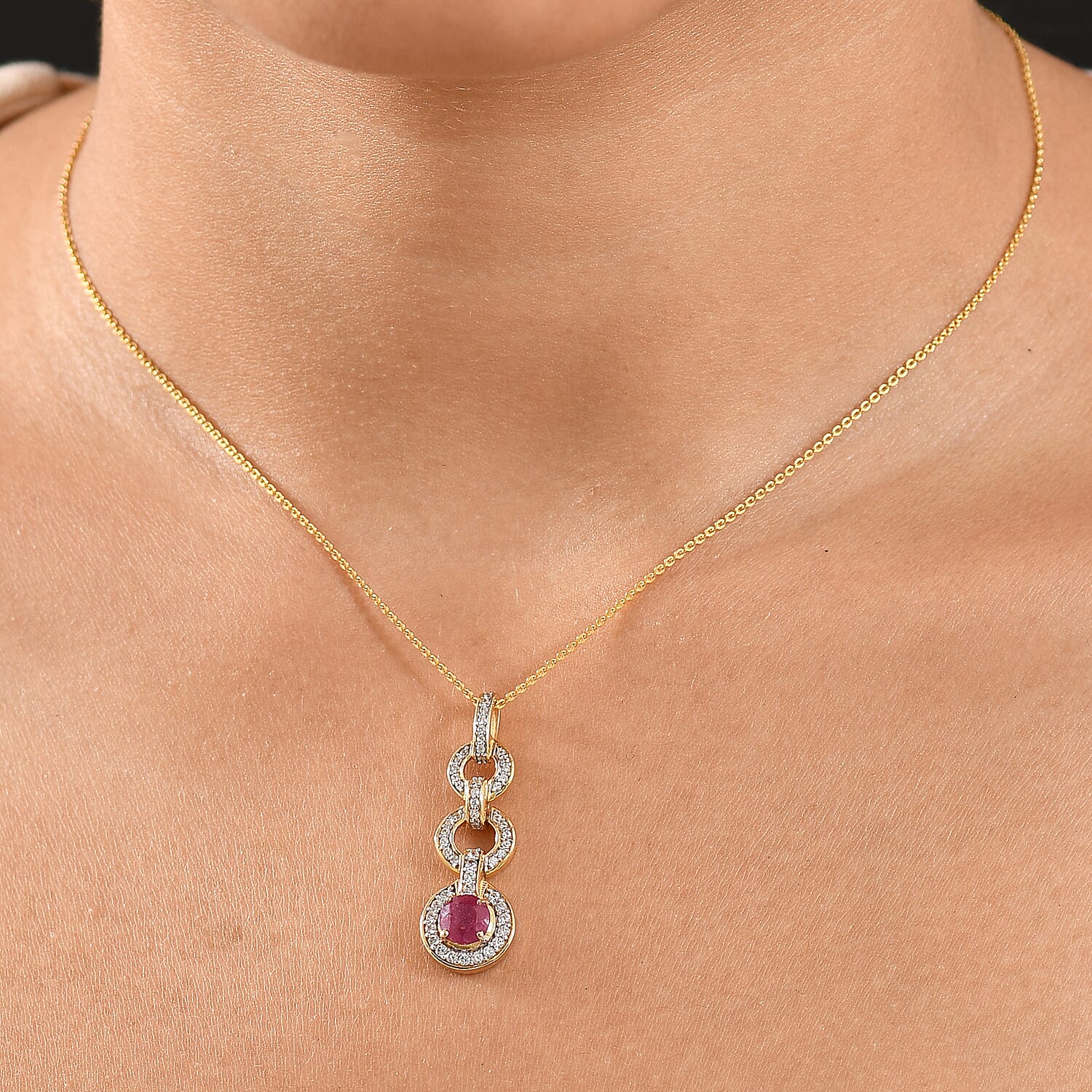 African Ruby & White Zircon Pendant with Chain (Size 20) in 18K Yellow Gold Plating Sterling Silver 2.31 Ct.