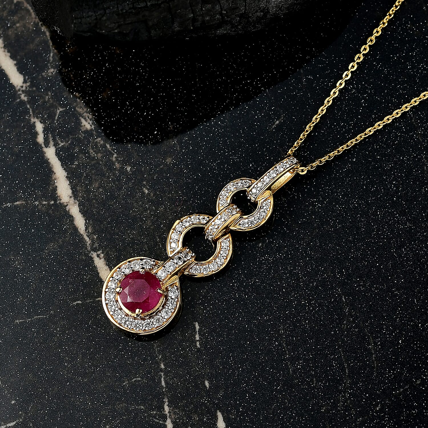 African Ruby & White Zircon Pendant with Chain (Size 20) in 18K Yellow Gold Plating Sterling Silver 2.31 Ct.
