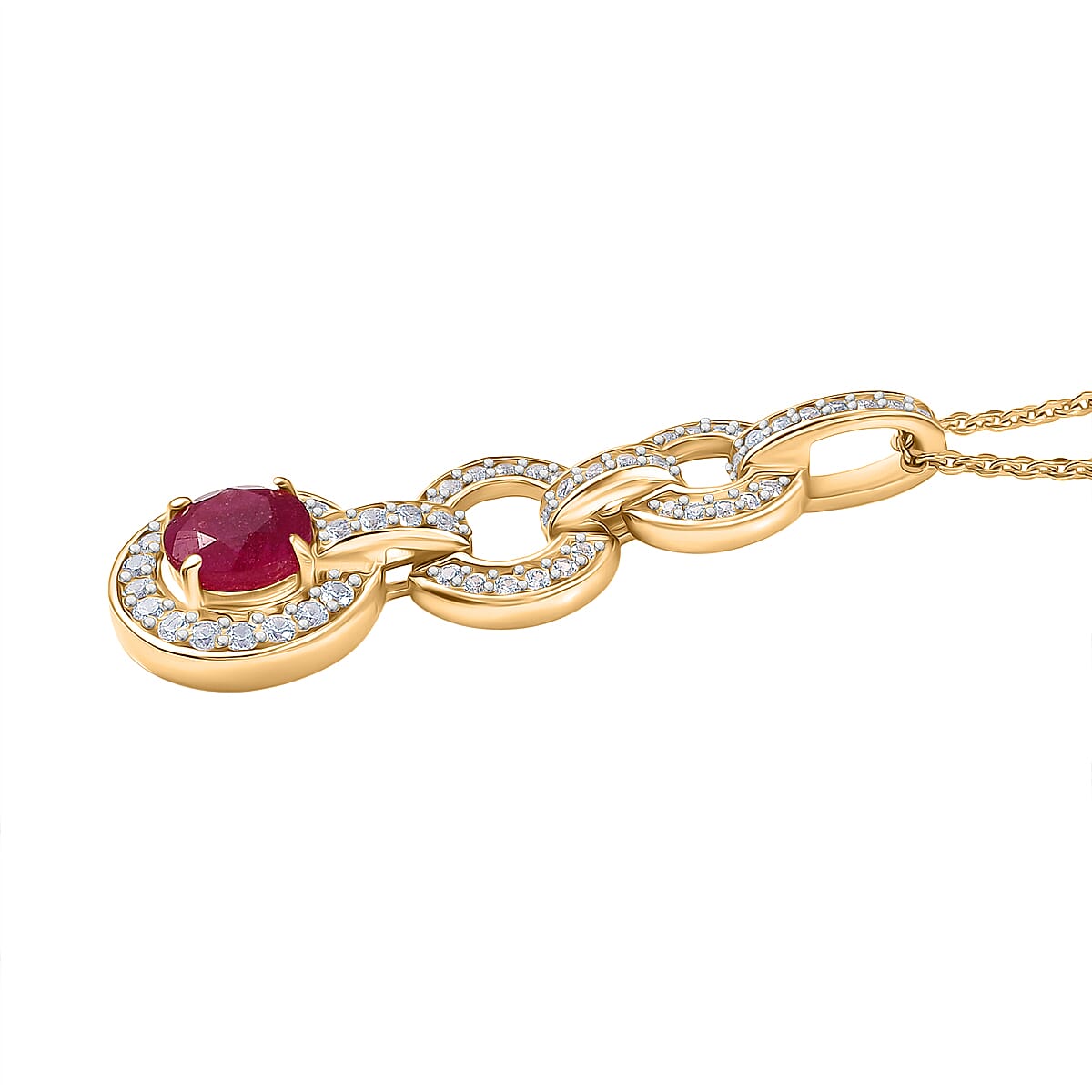 African Ruby & White Zircon Pendant with Chain (Size 20) in 18K Yellow Gold Plating Sterling Silver 2.31 Ct.