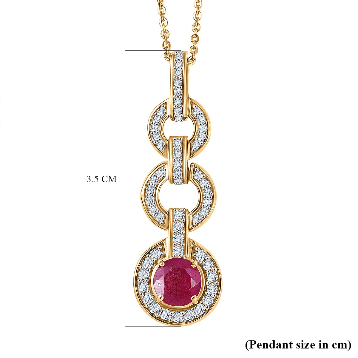 African Ruby & White Zircon Pendant with Chain (Size 20) in 18K Yellow Gold Plating Sterling Silver 2.31 Ct.